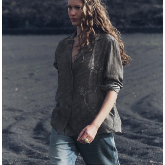 Zara ZW COLLECTION EMBROIDERED PAJAMA SHIRT in Gray - Picture 2 of 4